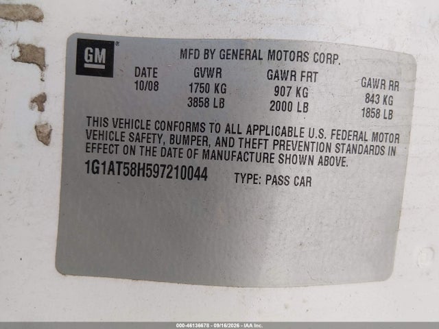 46136678 :رقم المزاد ، 1G1AT58H597210044 vin ، 2009 Chevrolet Cobalt Lt مزاد بيع