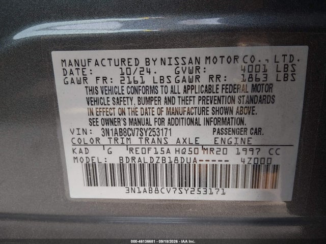 46136681 :رقم المزاد ، 3N1AB8CV7SY253171 vin ، 2025 Nissan Sentra Sv مزاد بيع