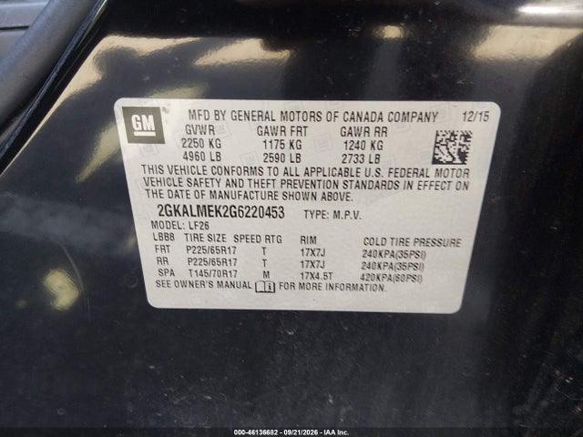 Продажа на аукционе авто 2016 Gmc Terrain Sle-1, vin: 2GKALMEK2G6220453, номер лота: 46136682
