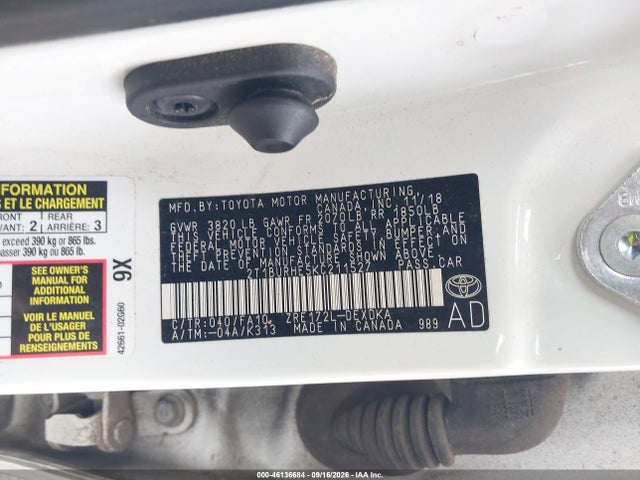 46136684 :رقم المزاد ، 2T1BURHE5KC211527 vin ، 2019 Toyota Corolla L مزاد بيع