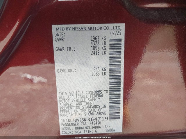 Продажа на аукционе авто 2025 Nissan Altima Sv Fwd, vin: 1N4BL4DV2SN364719, номер лота: 46136685