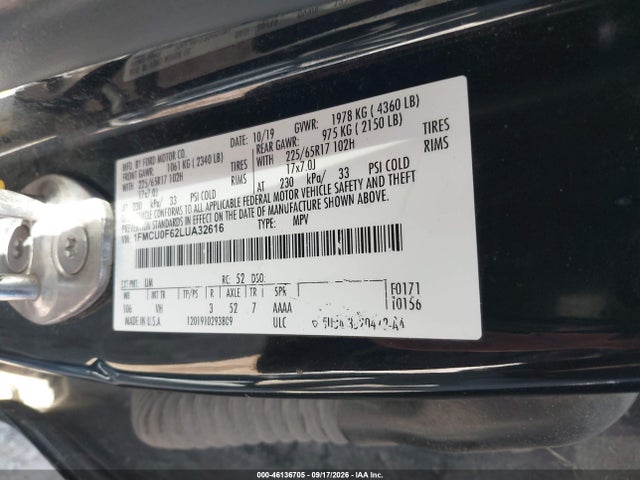 46136705 :رقم المزاد ، 1FMCU0F62LUA32616 vin ، 2020 Ford Escape S مزاد بيع