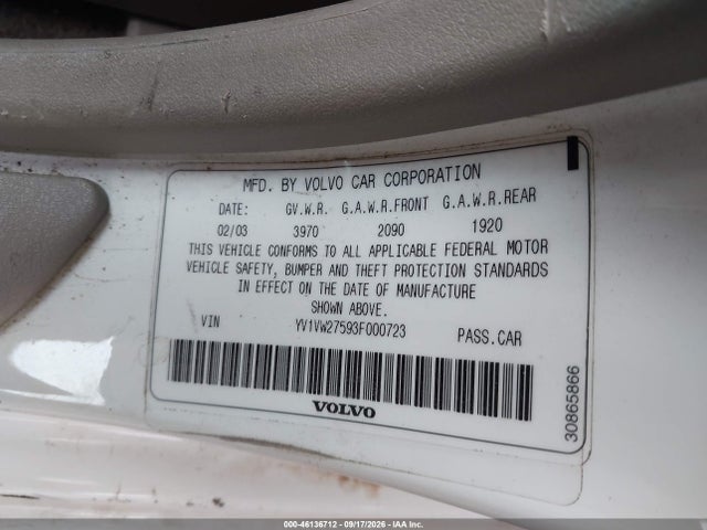 Aukcja sprzedaży 2003 Volvo V40 A, vin: YV1VW27593F000723, numer aukcji: 46136712