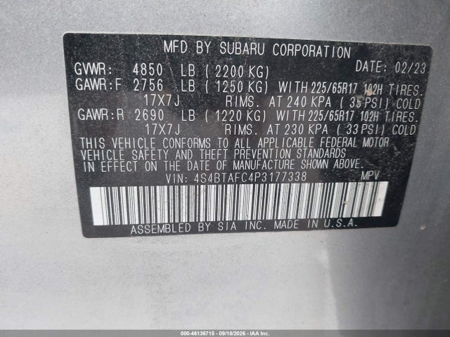 46136715 :رقم المزاد ، 4S4BTAFC4P3177338 vin ، 2023 Subaru Outback Premium مزاد بيع