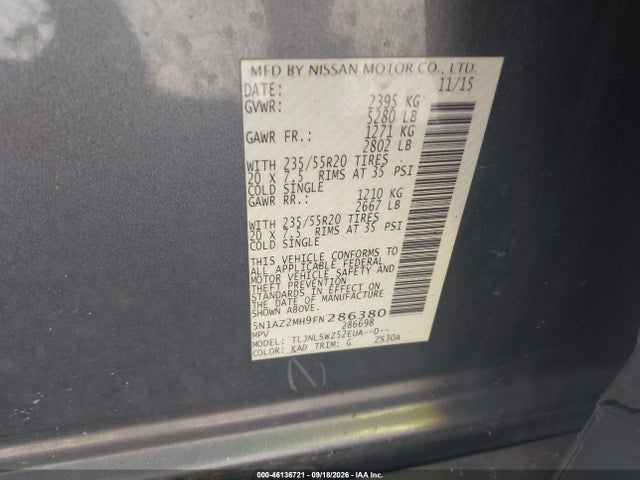 46136721 :رقم المزاد ، 5N1AZ2MH9FN286380 vin ، 2015 Nissan Murano Platinum مزاد بيع