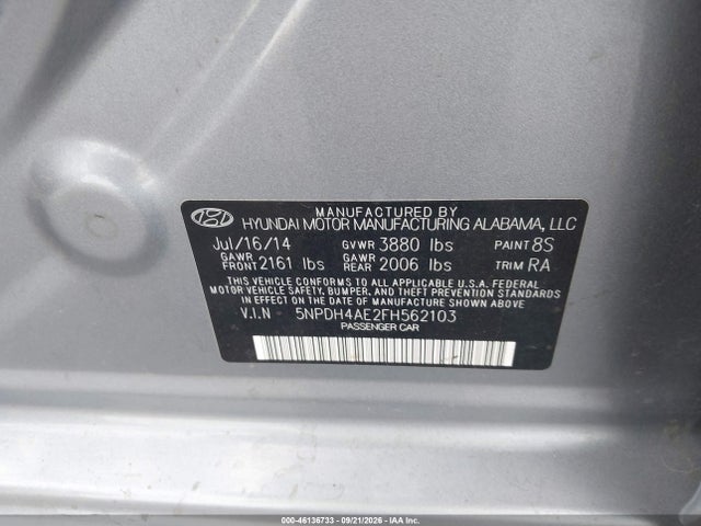 2015 Hyundai Elantra Se მანქანა იყიდება აუქციონზე, vin: 5NPDH4AE2FH562103, აუქციონის ნომერი: 46136733