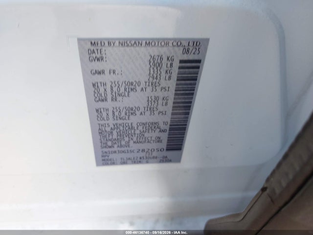46136740 :رقم المزاد ، 5N1DR3DG1SC282050 vin ، 2025 Nissan Pathfinder Platinum Fwd مزاد بيع