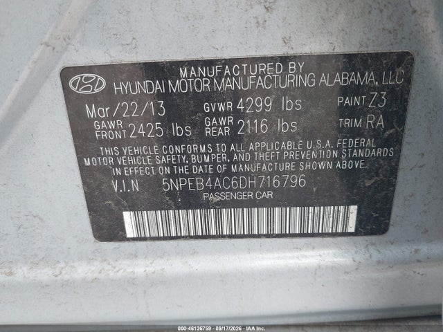 Продаж на аукціоні авто 2013 Hyundai Sonata Gls, vin: 5NPEB4AC6DH716796, номер лоту: 46136759