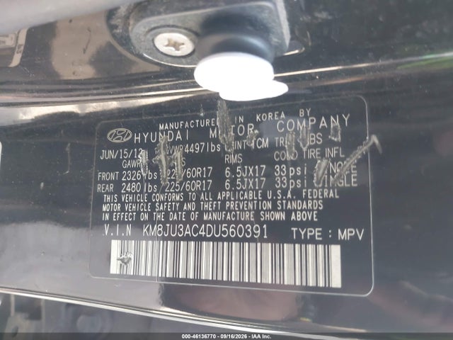 Продажа на аукционе авто 2013 Hyundai Tucson Gls, vin: KM8JU3AC4DU560391, номер лота: 46136770
