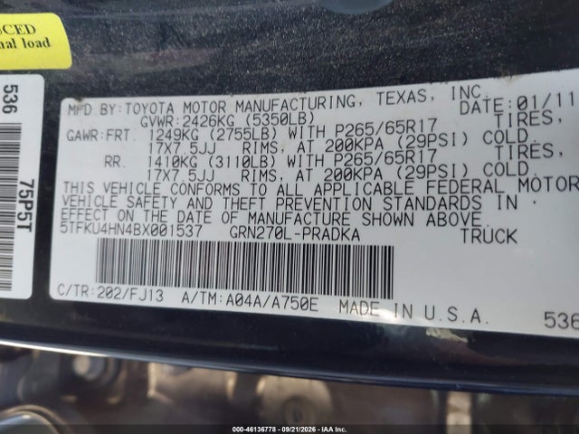 46136778 :رقم المزاد ، 5TFKU4HN4BX001537 vin ، 2011 Toyota Tacoma Prerunner V6 مزاد بيع