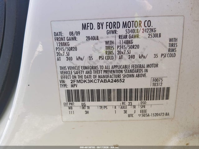 46136785 :رقم المزاد ، 2FMDK3KC7ABA24652 vin ، 2010 Ford Edge Limited مزاد بيع