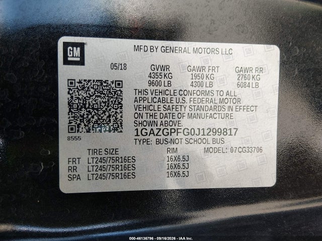 Aukcja sprzedaży 2018 Chevrolet Express 3500 Lt, vin: 1GAZGPFG0J1299817, numer aukcji: 46136796