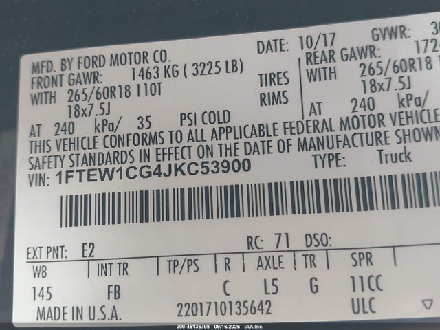 2018 Ford F-150 Xlt მანქანა იყიდება აუქციონზე, vin: 1FTEW1CG4JKC53900, აუქციონის ნომერი: 46136798