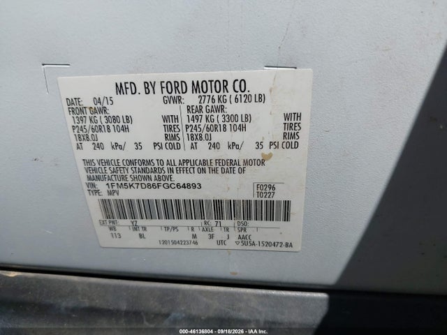 Ford EXPLORER XLT 2015 1FM5K7D86FGC64893 Image 9