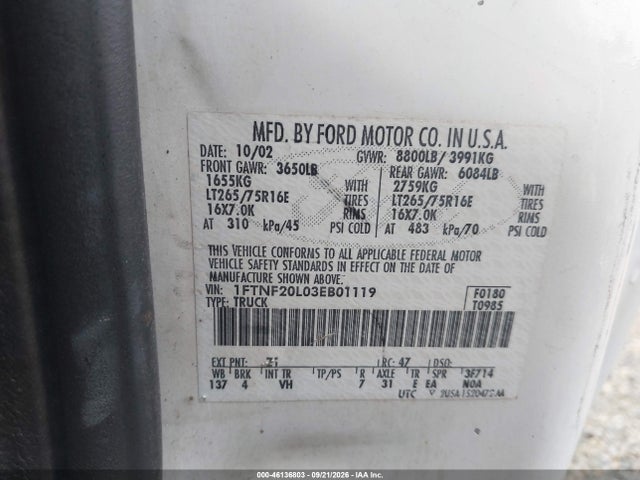 Продажа на аукционе авто 2003 Ford F250 Super Duty, vin: 1FTNF20L03EB01119, номер лота: 46136803