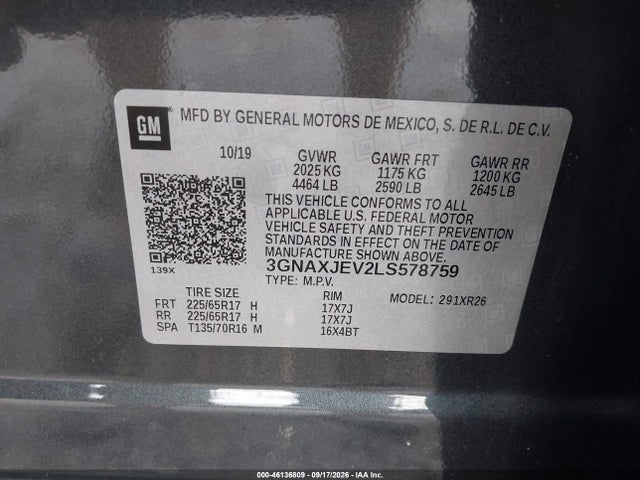 2020 Chevrolet Equinox Fwd 2fl მანქანა იყიდება აუქციონზე, vin: 3GNAXJEV2LS578759, აუქციონის ნომერი: 46136809