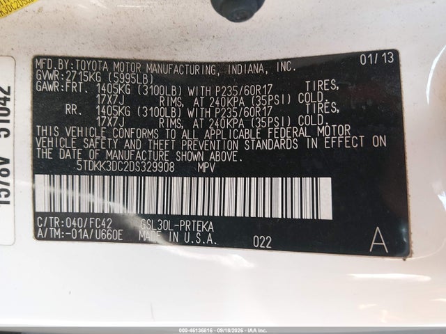 2013 Toyota Sienna Le V6 8 Passenger მანქანა იყიდება აუქციონზე, vin: 5TDKK3DC2DS329908, აუქციონის ნომერი: 46136816