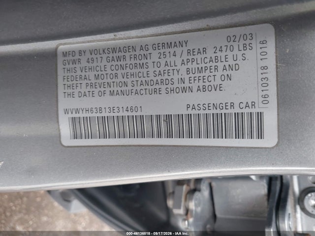 46136818 :رقم المزاد ، WVWYH63B13E314601 vin ، 2003 Volkswagen Passat Glx مزاد بيع