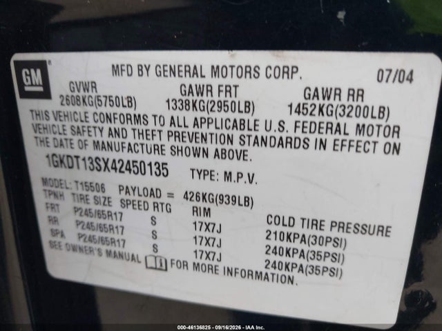 Продаж на аукціоні авто 2004 Gmc Envoy Slt, vin: 1GKDT13SX42450135, номер лоту: 46136825
