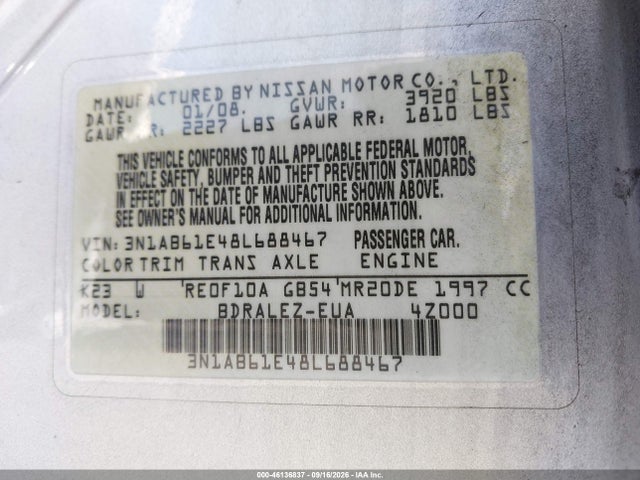 Продажа на аукционе авто 2008 Nissan Sentra 2.0s, vin: 3N1AB61E48L688467, номер лота: 46136837
