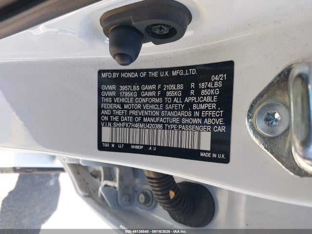Продаж на аукціоні авто 2021 Honda Civic Sport, vin: SHHFK7H46MU420386, номер лоту: 46136840