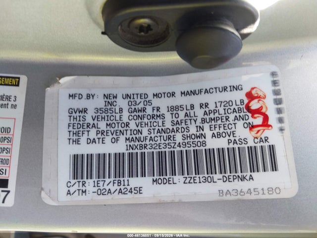 Aukcja sprzedaży 2005 Toyota Corolla Le, vin: 1NXBR32E35Z495508, numer aukcji: 46136851