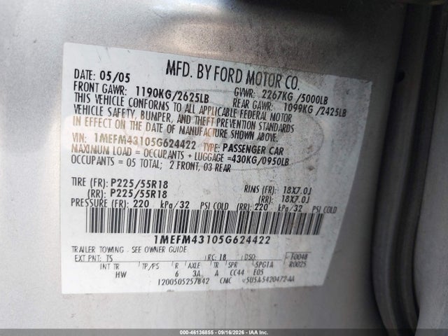 Продажа на аукционе авто 2005 Mercury Montego Premier, vin: 1MEFM43105G624422, номер лота: 46136855