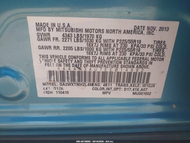 Aukcja sprzedaży 2014 Mitsubishi Outlander Sport Es, vin: 4A4AR3AU7EE014882, numer aukcji: 46136865