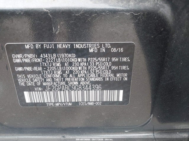 46136868 :رقم المزاد ، JF2GPABC9G8344396 vin ، 2016 Subaru Crosstrek 2.0i Premium مزاد بيع