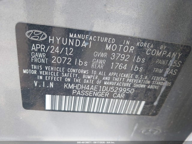 2013 Hyundai Elantra Gls მანქანა იყიდება აუქციონზე, vin: KMHDH4AE1DU529950, აუქციონის ნომერი: 46136871
