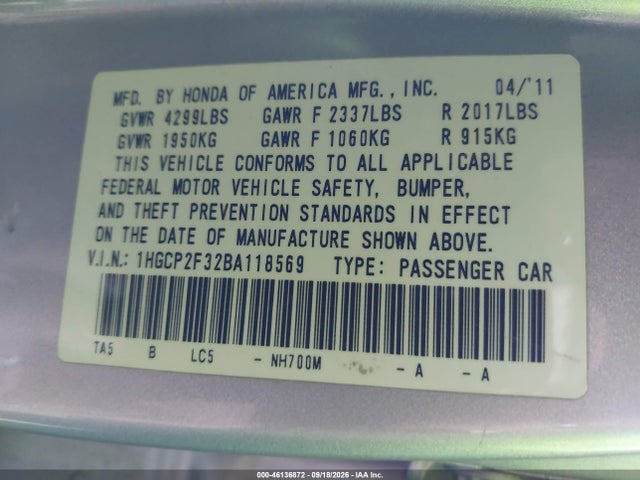 2011 Honda Accord მანქანა იყიდება აუქციონზე, vin: 18GCP2F32BA118569, აუქციონის ნომერი: 46136872