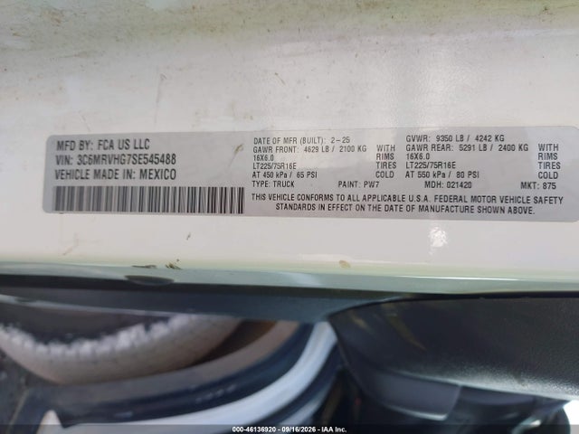 Продаж на аукціоні авто 2025 Ram Promaster 3500 Tradesman High Roof 159 Wb W/pass Seat, vin: 3C6MRVHG7SE545488, номер лоту: 46136920