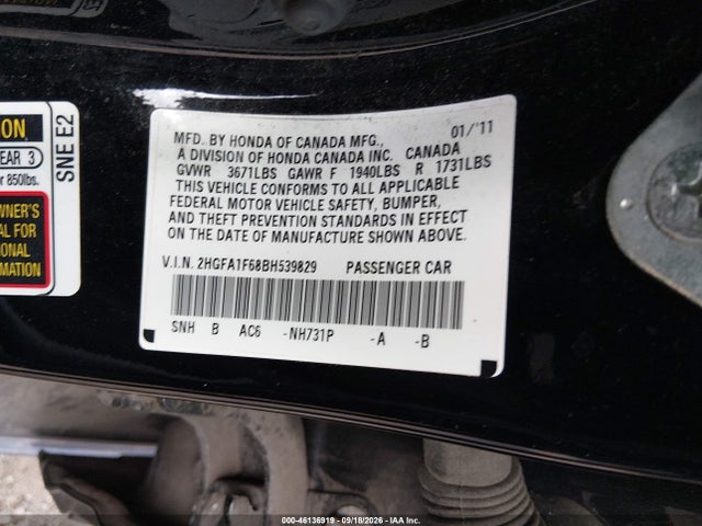 46136919 :رقم المزاد ، 2HGFA1F68BH539829 vin ، 2011 Honda Civic Lx-s مزاد بيع