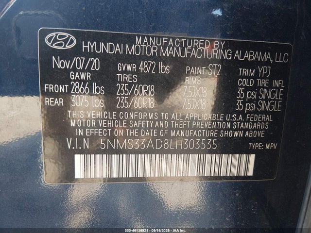 Aukcja sprzedaży 2020 Hyundai Santa Fe Sel, vin: 5NMS33AD8LH303535, numer aukcji: 46136921
