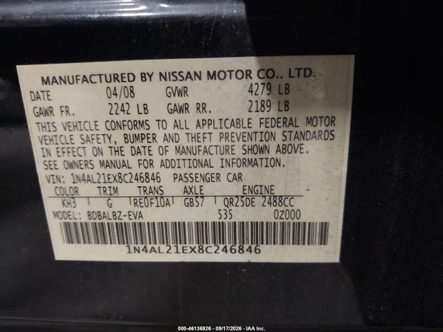 2008 Nissan Altima 2.5 S მანქანა იყიდება აუქციონზე, vin: 1N4AL21EX8C246846, აუქციონის ნომერი: 46136926