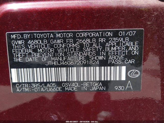 Продажа на аукционе авто 2007 Lexus Es 350, vin: JTHBJ46G672091824, номер лота: 46136937