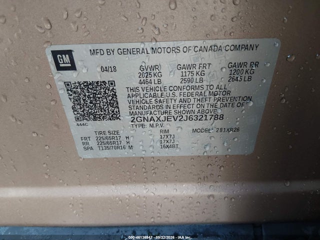 Продаж на аукціоні авто 2018 Chevrolet Equinox Lt, vin: 2GNAXJEV2J6321788, номер лоту: 46136947