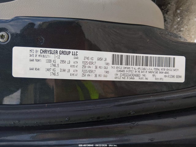 46136948 :رقم المزاد ، 2C4RDGDG4CR246863 vin ، 2012 Dodge Grand Caravan Crew مزاد بيع