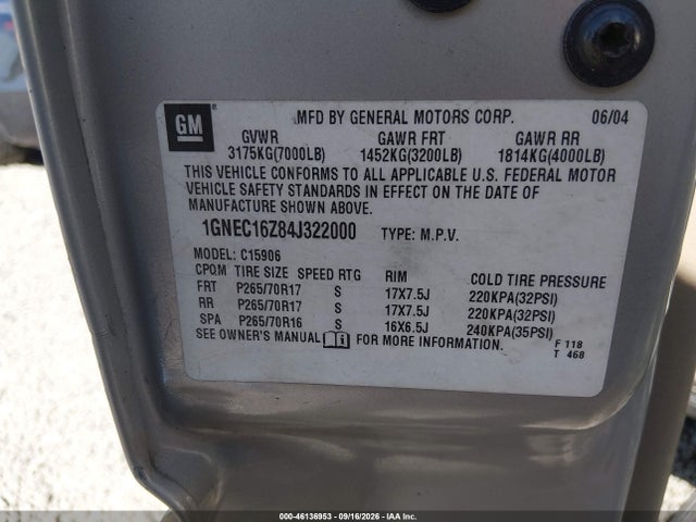 Продаж на аукціоні авто 2004 Chevrolet Suburban 1500 Lt, vin: 1GNEC16Z84J322000, номер лоту: 46136953