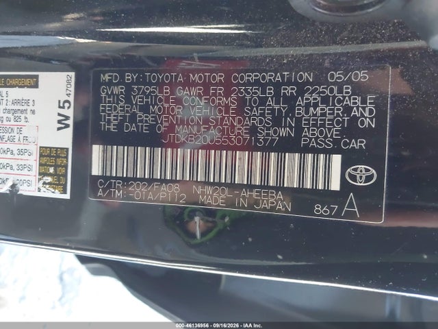 Aukcja sprzedaży 2005 Toyota Prius, vin: JTDKB20U553071377, numer aukcji: 46136956