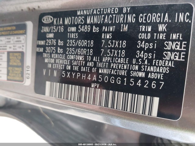 46136985 :رقم المزاد ، 5XYPH4A50GG154267 vin ، 2016 Kia Sorento 3.3l Ex مزاد بيع
