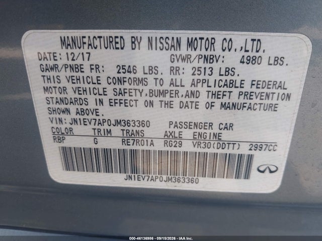 46136986 :رقم المزاد ، JN1EV7AP0JM363360 vin ، 2018 Infiniti Q50 3.0t Luxe مزاد بيع