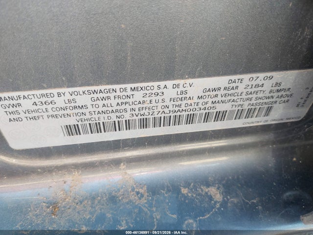 Продажа на аукционе авто 2010 Volkswagen Jetta S, vin: 3VWJZ7AJ9AM003405, номер лота: 46136991