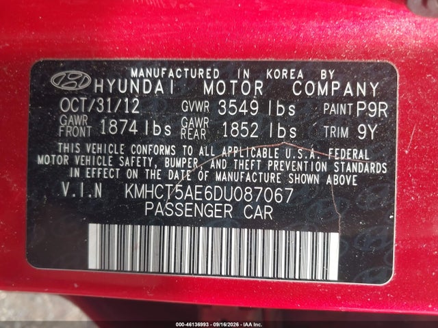 2013 Hyundai Accent Gs მანქანა იყიდება აუქციონზე, vin: KMHCT5AE6DU087067, აუქციონის ნომერი: 46136993