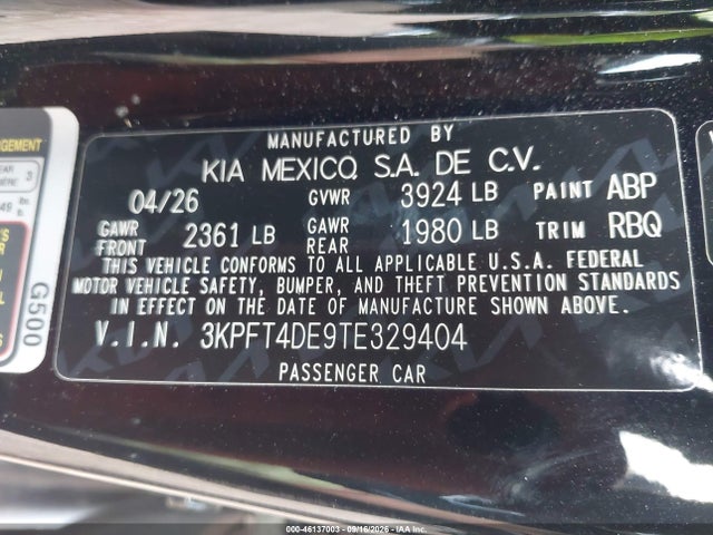 Aukcja sprzedaży 2026 Kia K4 Lxs, vin: 3KPFT4DE9TE329404, numer aukcji: 46137003