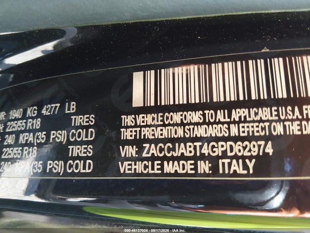 Продажа на аукционе авто 2016 Jeep Renegade Latitude, vin: ZACCJABT4GPD62974, номер лота: 46137004