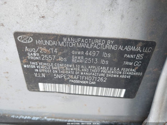 46137006 :رقم المزاد ، 5NPE24AF1FH071262 vin ، 2015 Hyundai Sonata Se مزاد بيع
