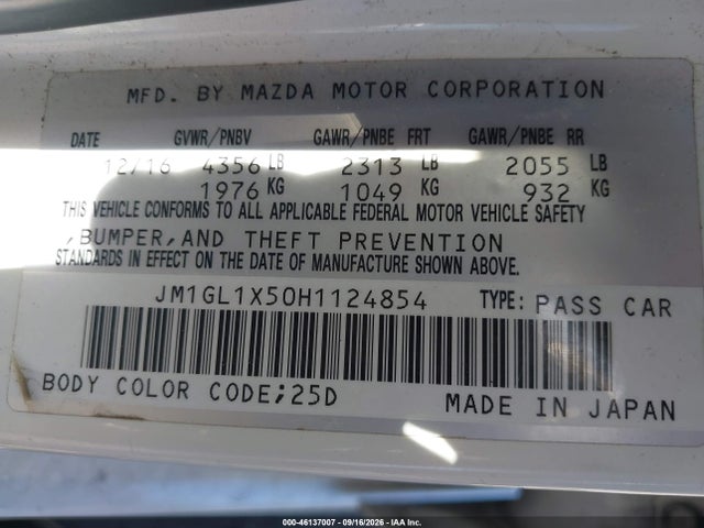 2017 Mazda Mazda6 Grand Touring მანქანა იყიდება აუქციონზე, vin: JM1GL1X50H1124854, აუქციონის ნომერი: 46137007