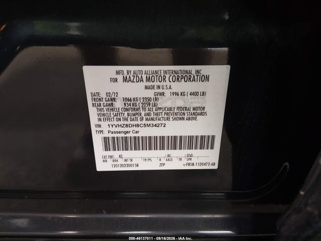 Продажа на аукционе авто 2012 Mazda Mazda6 I Touring, vin: 1YVHZ8DH8C5M34272, номер лота: 46137011