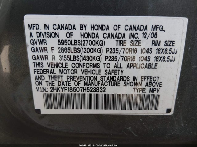 46137013 :رقم المزاد ، 2HKYF18507H523832 vin ، 2007 Honda Pilot Ex-l مزاد بيع